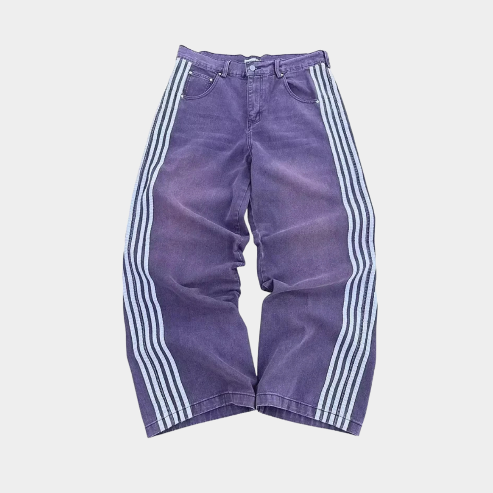 Embroidered Striped Baggy Jeans - Black/White