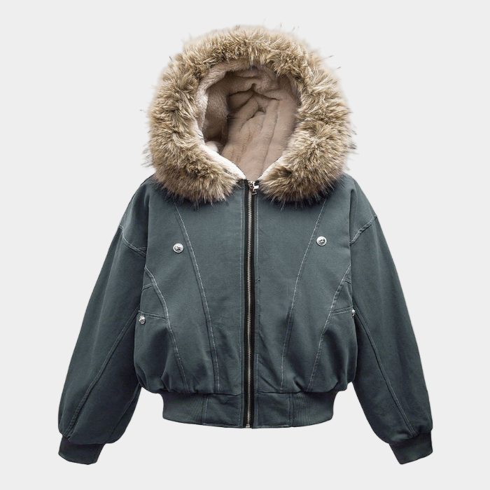 Hooded Faux Fur Bomber - Grey