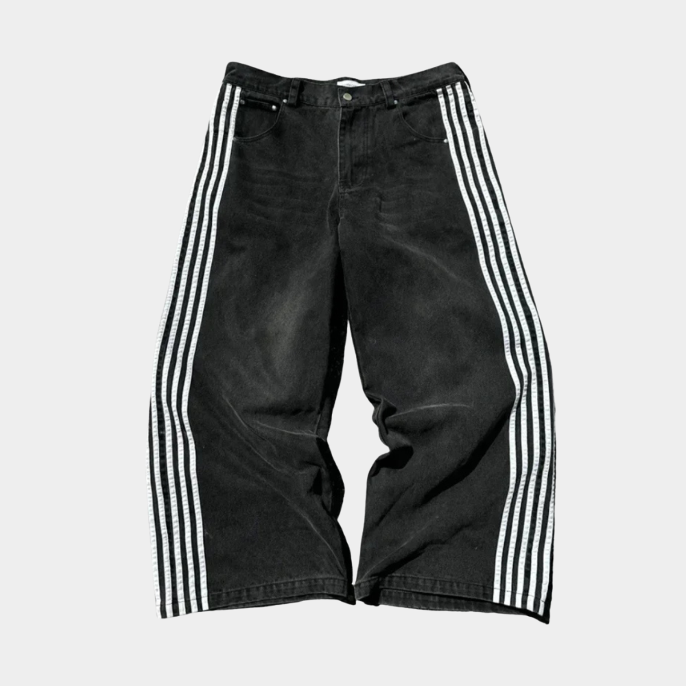 Embroidered Striped Baggy Jeans - Blue