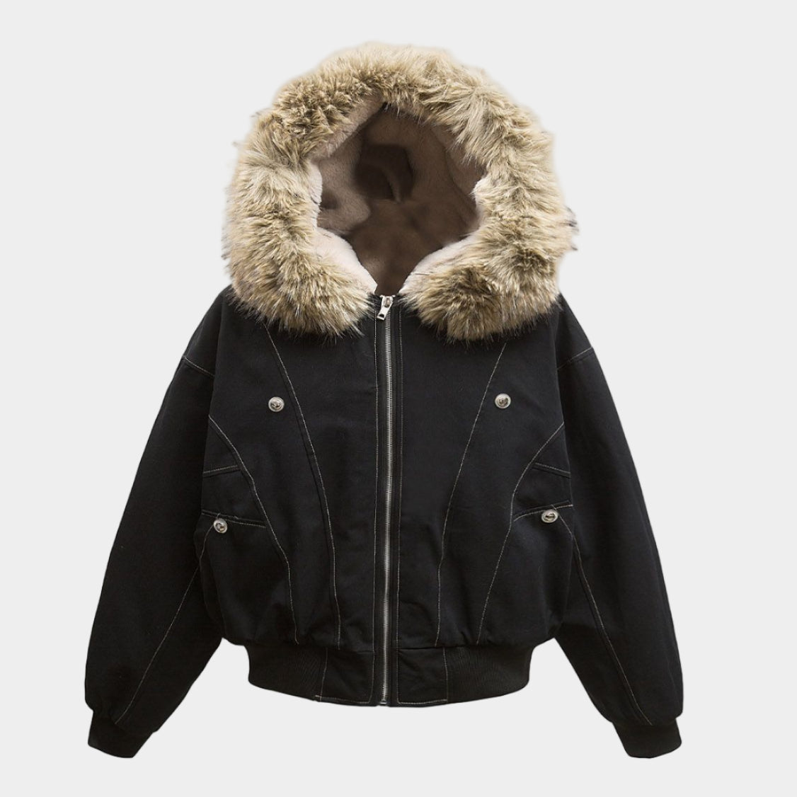 Hooded Faux Fur Bomber - Grey