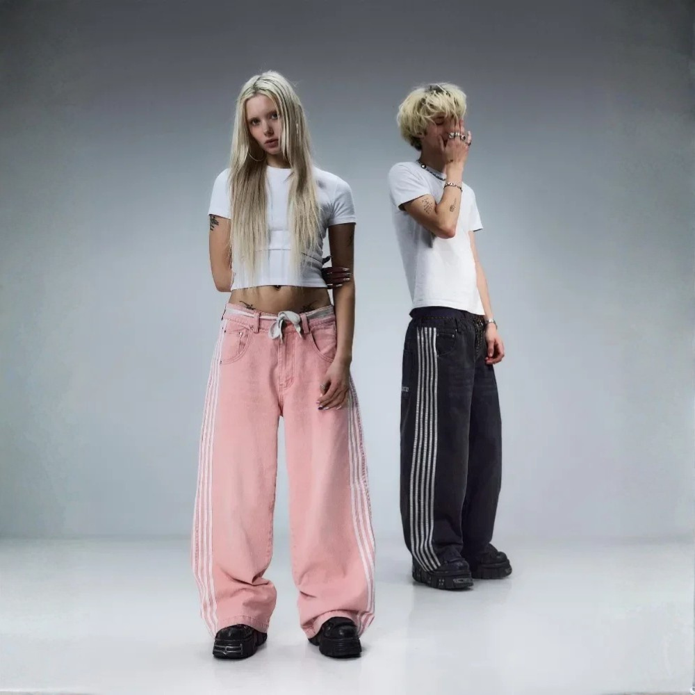 Embroidered Striped Baggy Jeans - Purple