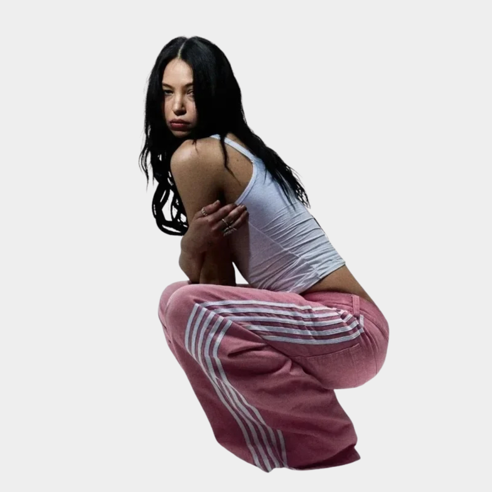 Embroidered Striped Baggy Jeans - Pink