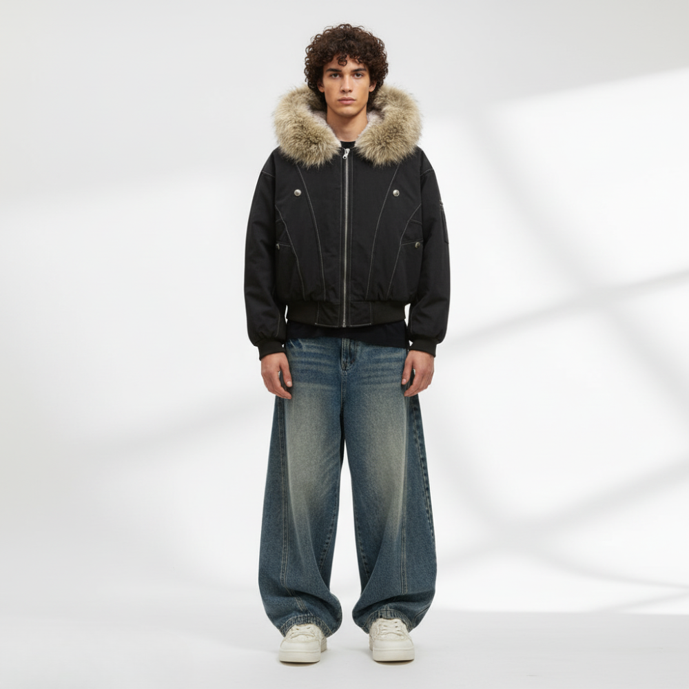 Hooded Faux Fur Bomber - Grey