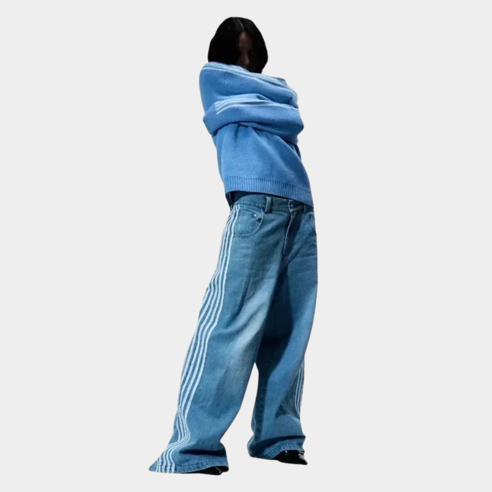 Embroidered Striped Baggy Jeans - Purple